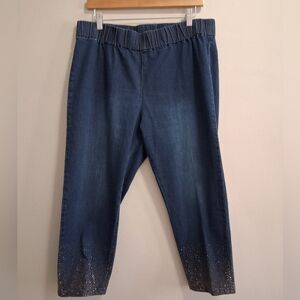 Soft Surroundings Bedazzled Pull On Elastic Waist Denim Jean Capri Pants XL